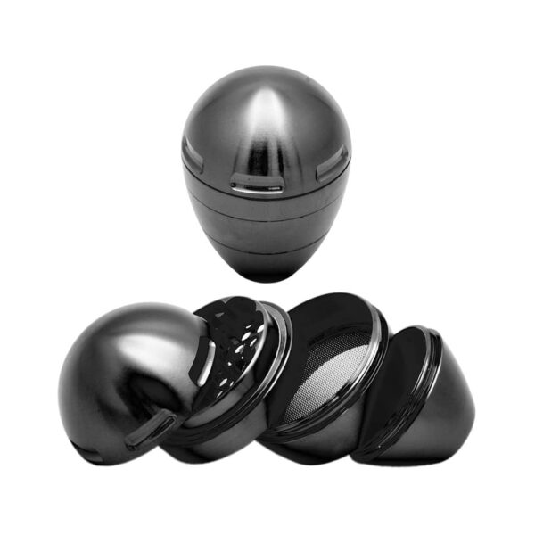 Black metal egg-shaped herb grinder with 4 parts and pyramid teeth – sleek and durable design.