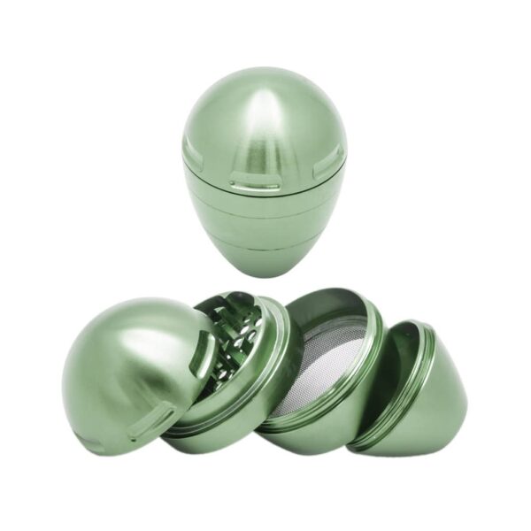 Olive green metal egg-shaped herb grinder with 4 parts and pyramid teeth – stylish and durable design.