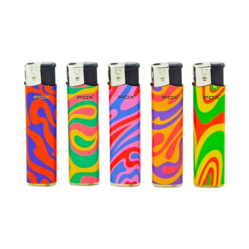 FOX Retro Lava Lamp Lighters – colorful hippie swirl design refillable lighters – bright pink, green, orange, and yellow patterns in wholesale display.