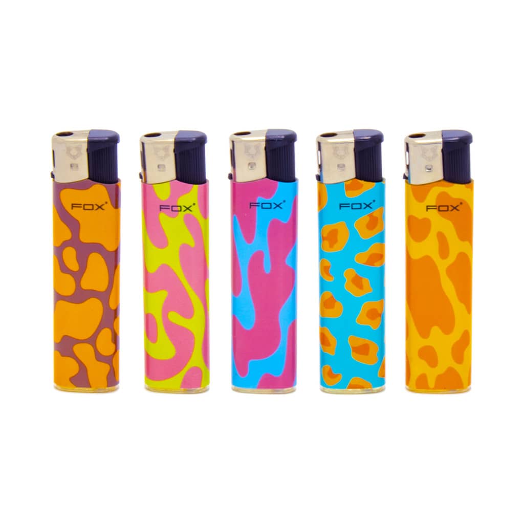 FOX Retro Hippie Lighters – Soft Splashes Design – colorful lighters with abstract 70s-style patterns in orange, pink, blue, and green.