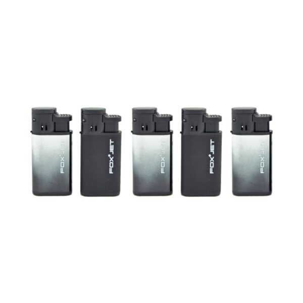FOX Metal Jet Flame Lighters – Black and Silver Gradient Design – elegant windproof lighters with modern metallic finish.
