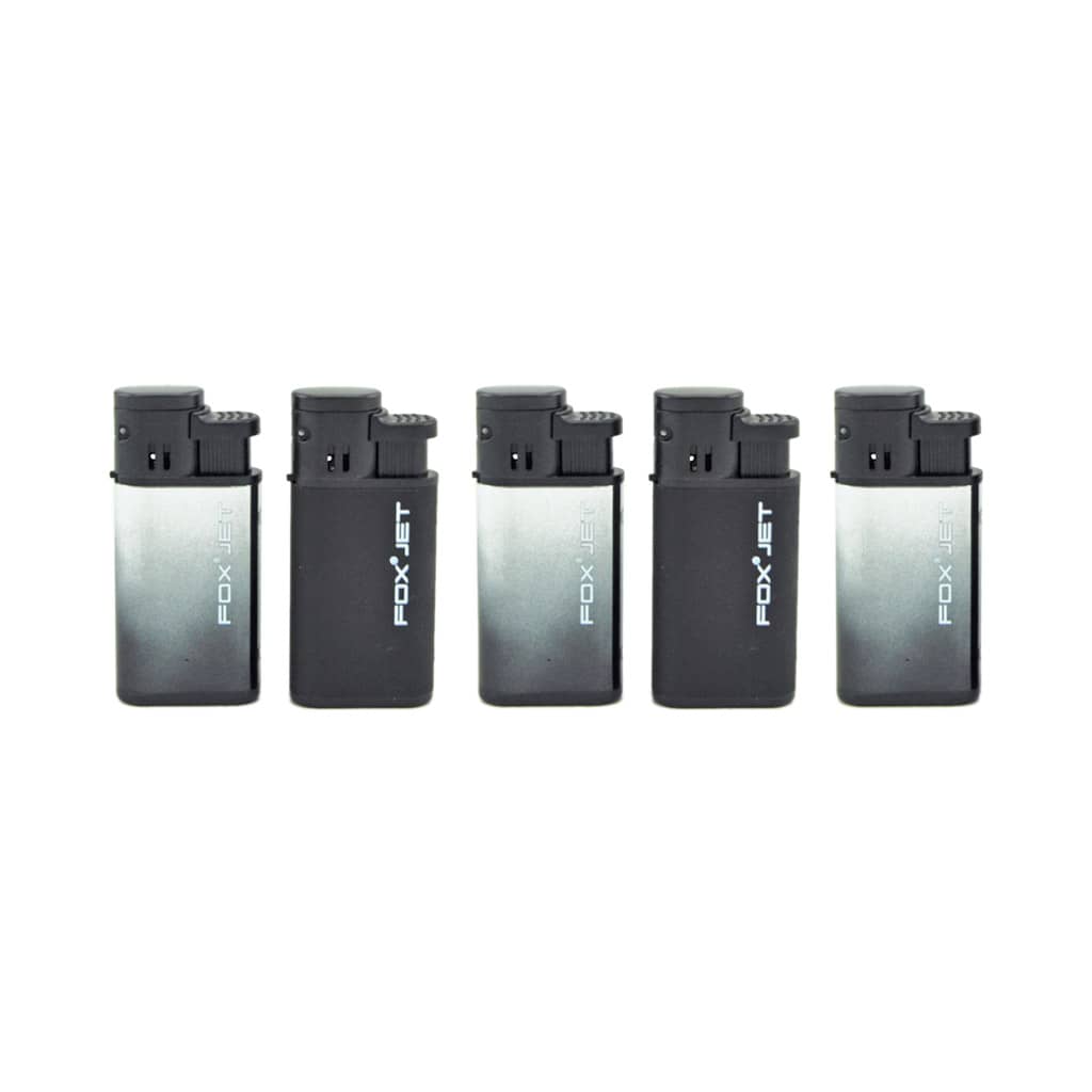 FOX Metal Jet Flame Lighters – Black and Silver Gradient Design – elegant windproof lighters with modern metallic finish.