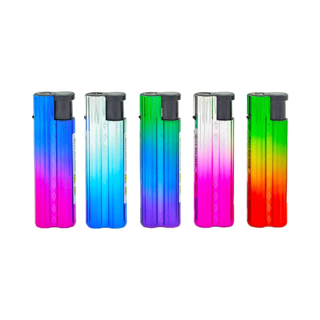 FOX Metal Jet Flame Lighters – Metallic Gradient Design in bright colors – windproof lighters with elegant reflective finish.
