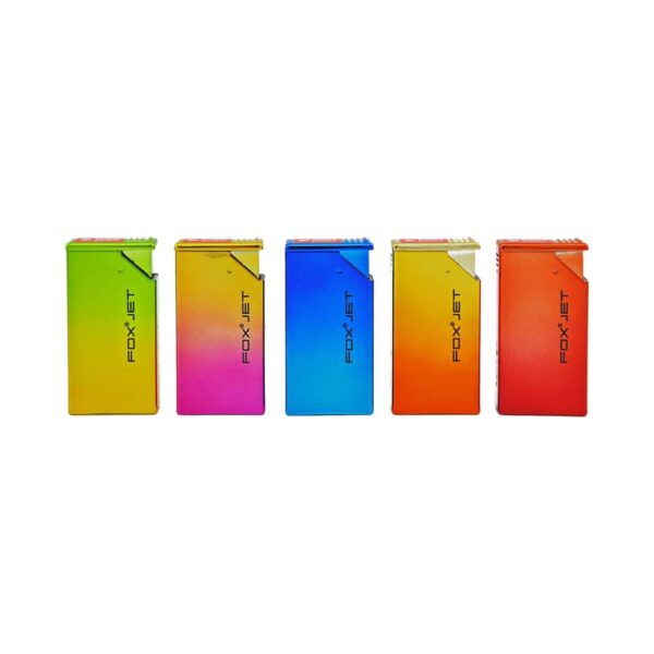 FOX Metal Jet Flame Lighters – Slim Box Design in gradient metallic colors – stylish windproof lighters for smokers and collectors.