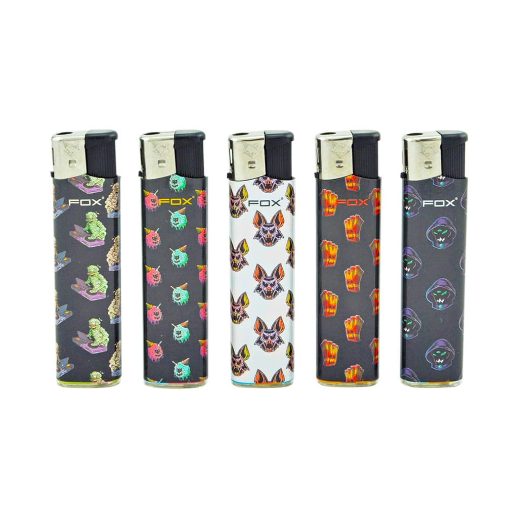 FOX Dark 90s Horror Cartoon Lighters – refillable lighters with mummy, monster, bat, ghost, and french fries – collectible and windproof.