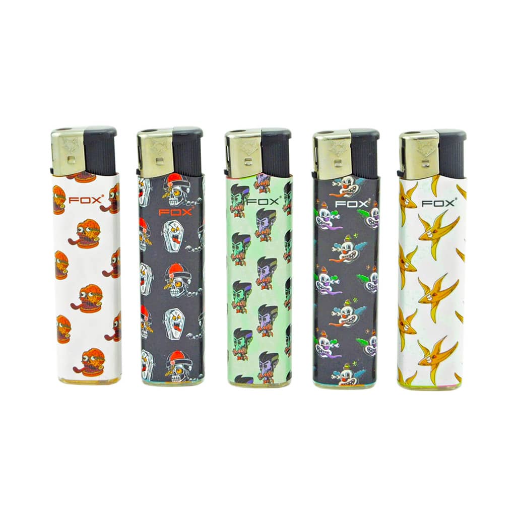 FOX 90s Horror Cartoon Lighters – colorful refillable lighters with skull, vampire, ghost, octopus, and bird designs – collectible and windproof.