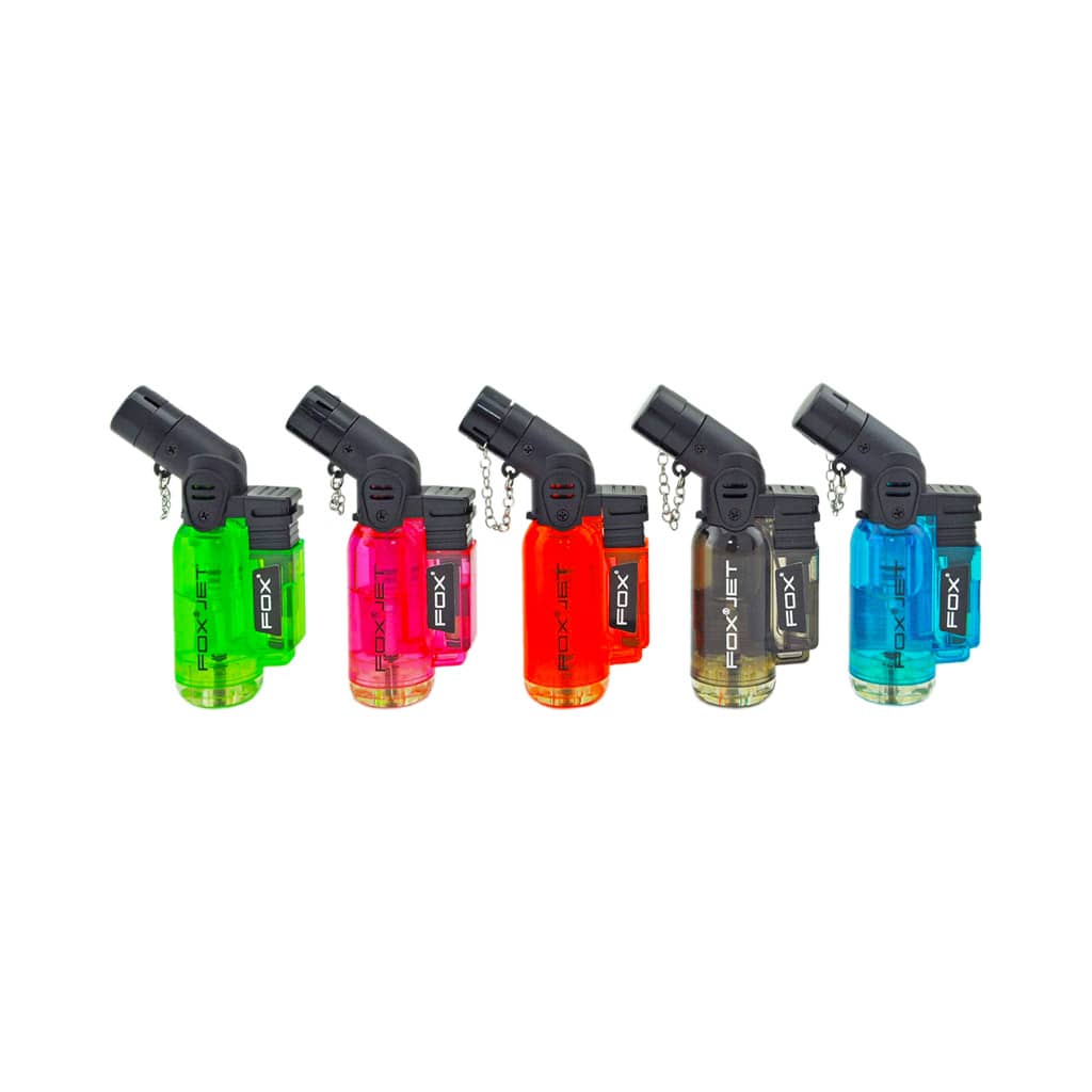 FOX Mini Neon Torch Jet Flame Lighters – colorful refillable windproof burners in green, pink, red, grey, and blue – compact design for outdoor use.