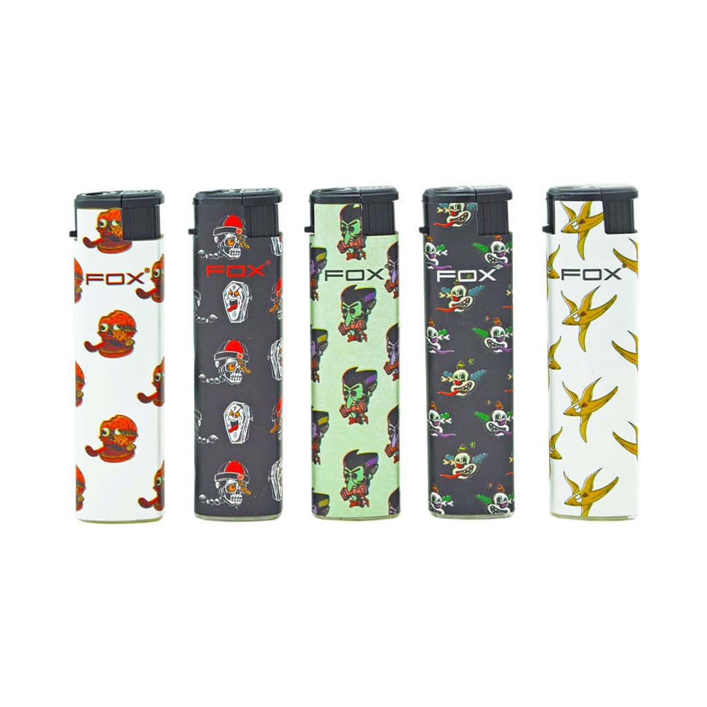 Set of FOX Turbo Jet Flame Lighters with horror cartoon designs – octopus, skull, vampire, ghost, and bird patterns – windproof refillable lighters in wholesale display.
