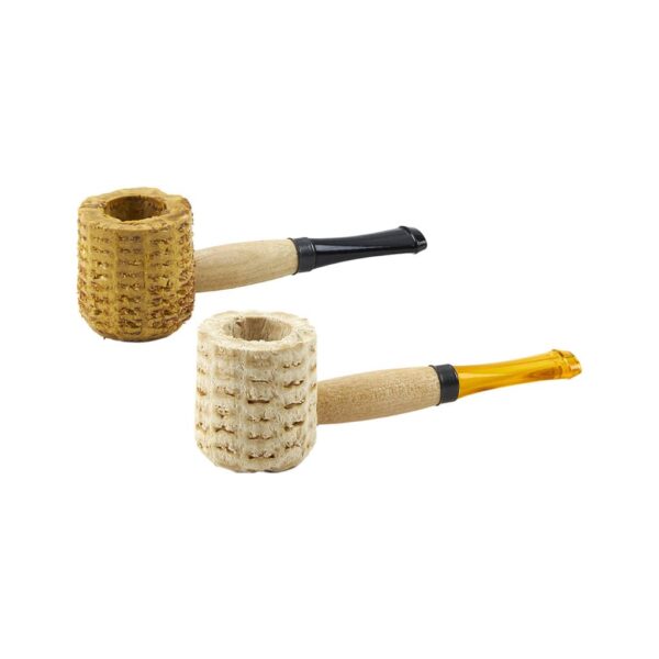 Two miniature corn cob smoking pipes with wooden stems and plastic mouthpieces, displayed on a white background.