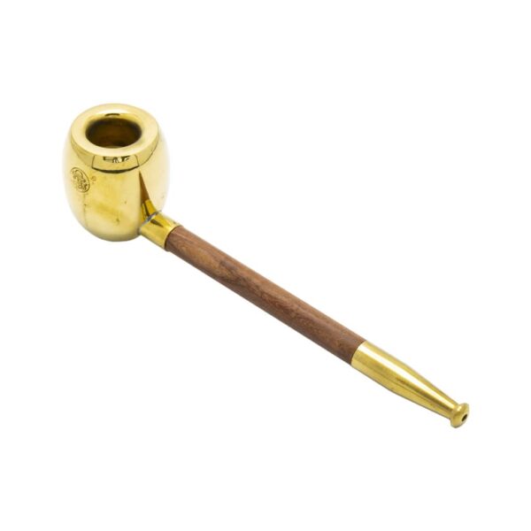 Wood and brass smoking pipe with a vintage design, featuring a polished brass bowl and long wooden stem on a white background.