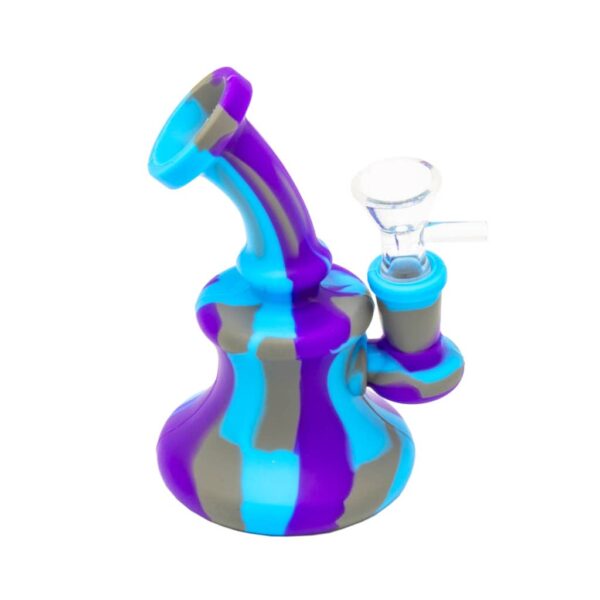 Mini silicone bong in cyan, grey, and purple colors with a clear glass bowl and mouthpiece, displayed on a white background.