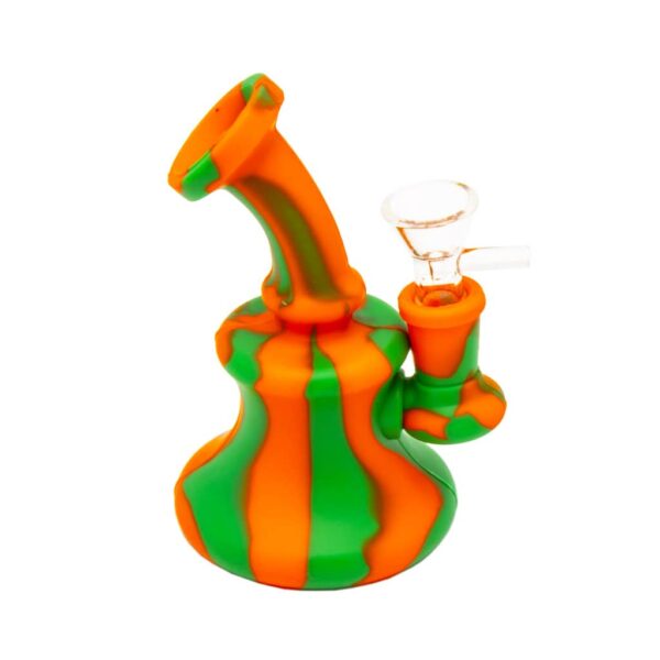 Mini silicone bong in orange and green swirl pattern with a clear glass bowl and mouthpiece, displayed on a white background.