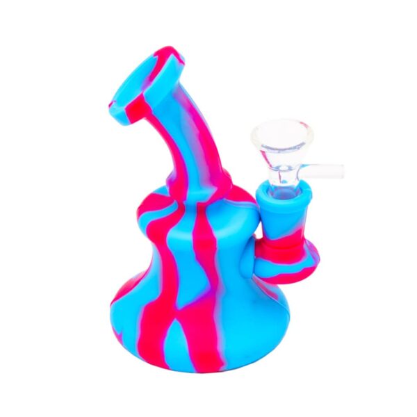 Mini silicone bong in pink and blue swirl design with a clear glass bowl and mouthpiece, displayed on a white background.