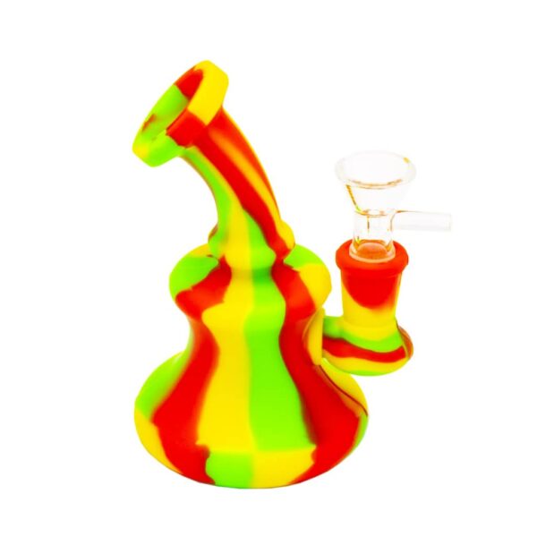 Mini silicone bong in rasta colors red, yellow, and green with a clear glass bowl and mouthpiece, displayed on a white background.