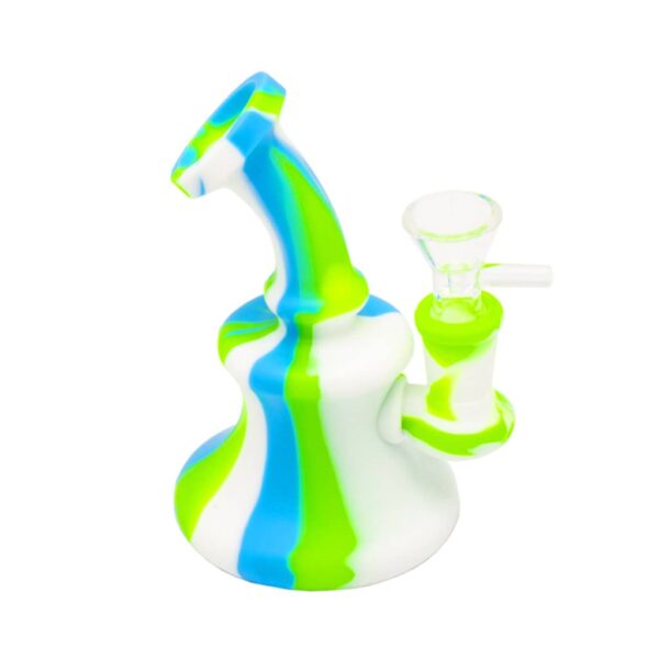 Mini silicone bong in blue, green, and white swirl pattern with a clear glass bowl and mouthpiece, displayed on a white background.