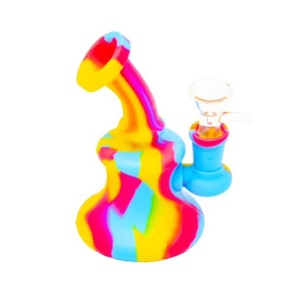 Mini silicone bong in magenta, yellow, and cyan swirl pattern with a clear glass bowl and mouthpiece, displayed on a white background.
