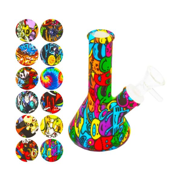 Mini silicone bong with colorful printed graffiti design and clear glass bowl, shown with multiple print variations on a white background.