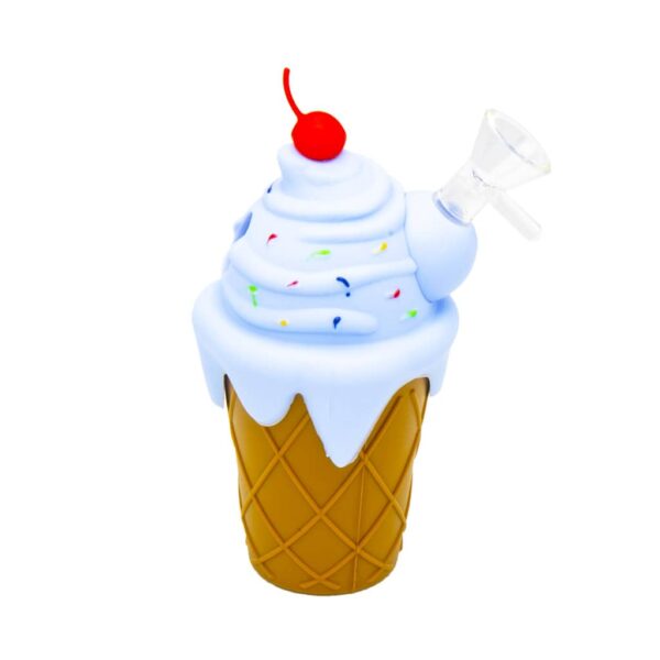 Silicone bong shaped like an ice cream cone with a blue swirl top, colorful sprinkles, red cherry decoration, and clear glass bowl, displayed on a white background.