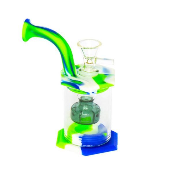 Silicone bong with glass percolator and mouthpiece, featuring blue, green, and white swirl design, placed on a white background.