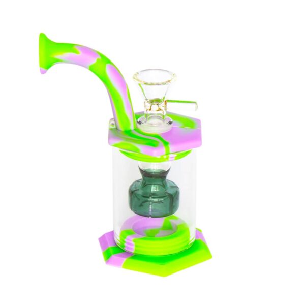 Silicone bong with glass percolator and curved mouthpiece, featuring a green and violet swirl design, displayed on a white background.