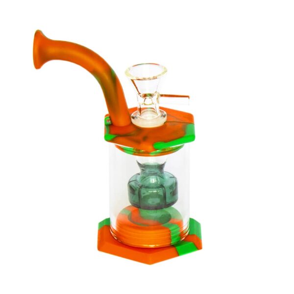 Silicone bong with glass percolator and orange-green swirl mouthpiece, displayed on a white background.
