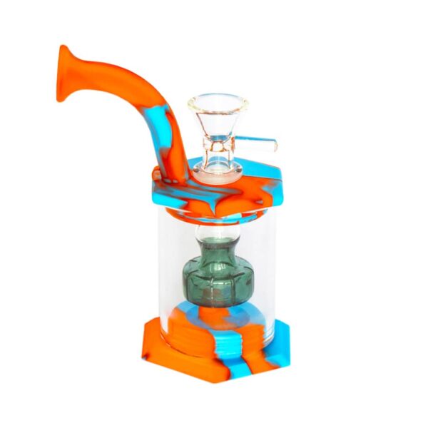 Silicone bong with glass percolator and orange-blue swirl mouthpiece, placed on a white background.