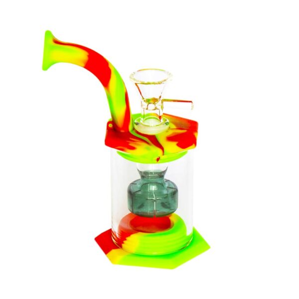 Silicone bong with glass percolator and rasta swirl mouthpiece in red, yellow, and green, on a white background.