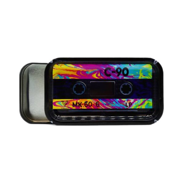 Metal rolling tray with a retro cassette tape design in bright neon colors, paired with a magnetic lid.