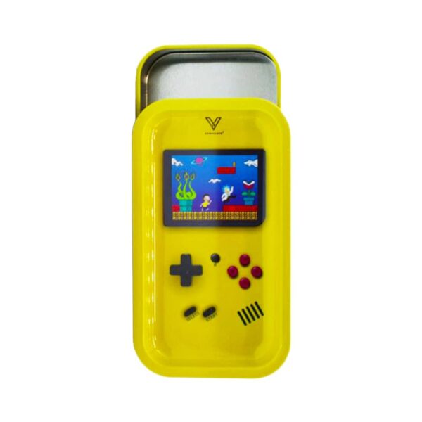Yellow metal rolling tray with magnetic lid designed like a retro handheld game console, featuring pixel art graphics on the screen.