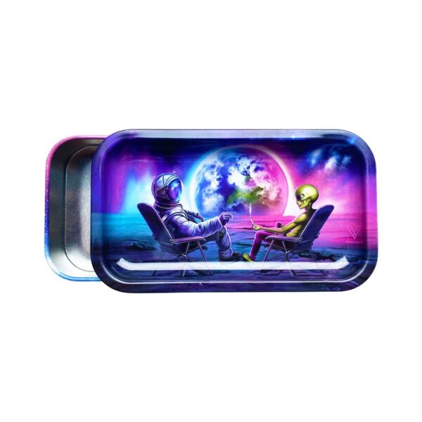 Metal rolling tray with magnetic lid featuring an astronaut and an alien relaxing under a glowing planet on a cosmic background.