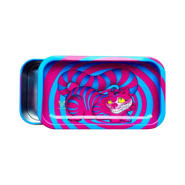 Metal rolling tray with magnetic lid featuring a pink and blue Cheshire cat design with hypnotic spiral background.