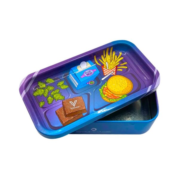 Metal rolling tray with magnetic lid featuring a fast-food-themed design with a burger, fries, milk carton, and cannabis buds.