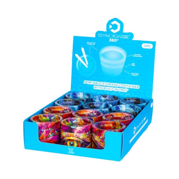 Syndicase 360° stash containers psychedelic eye and galaxy designs – airtight smell-proof jars with built-in rolling tray display box