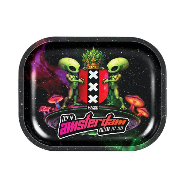 Small rolling tray featuring two green aliens holding the Amsterdam shield with three Xs, surrounded by mushrooms and cosmic colors.