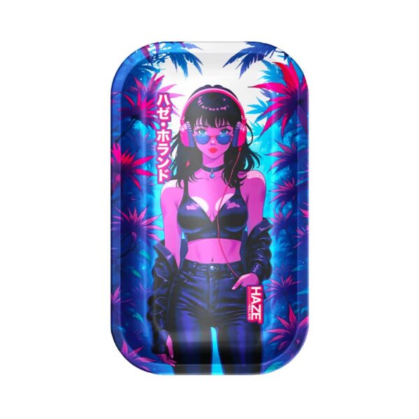 Large rolling tray with a neon anime girl wearing headphones in a blue and pink tropical background.