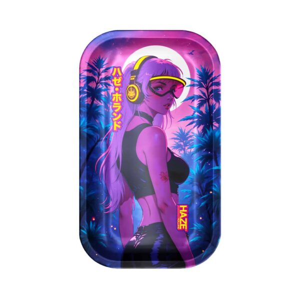 Large rolling tray featuring a neon anime girl with headphones against a pink and blue tropical background.