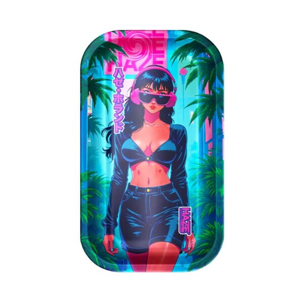Large rolling tray featuring a neon anime girl with pink headphones in a blue and teal tropical city background.
