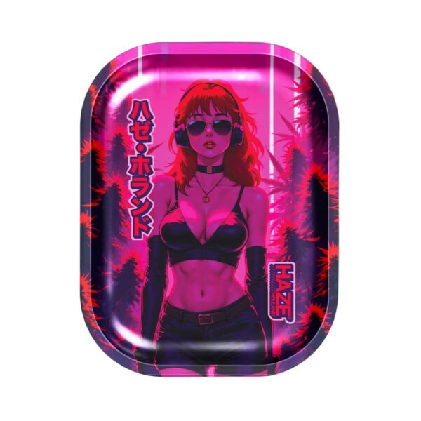 Small rolling tray featuring a neon anime girl with red hair, headphones, and a pink and purple forest background.