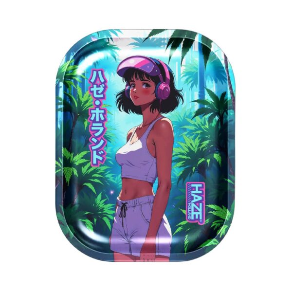 Small rolling tray featuring a neon anime girl in a white tank top and shorts standing in a blue and green tropical forest.
