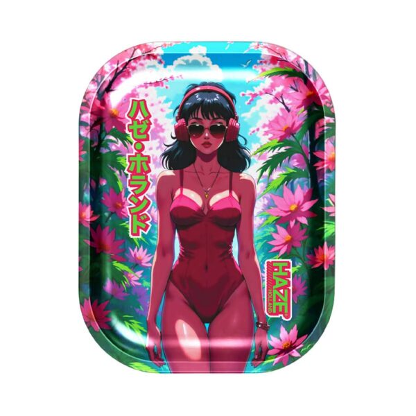 Small rolling tray featuring a neon anime girl in a red swimsuit with headphones, surrounded by pink and green tropical flowers.
