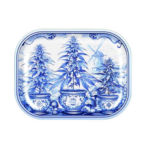Small rolling tray with blue Delft-style illustration featuring ceramic pots, cannabis plants, mushrooms, and a windmill.