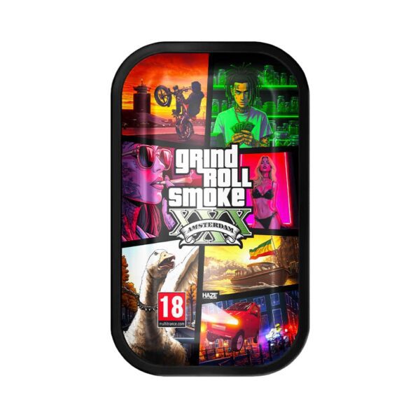 Large rolling tray featuring a vibrant collage of urban characters, action scenes, nightlife, and Amsterdam elements.