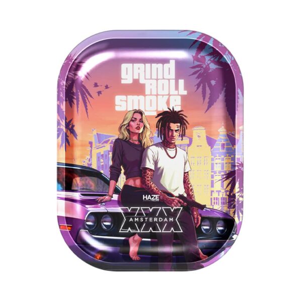 Small rolling tray featuring two stylish characters leaning on a car at sunset with city buildings and palm silhouettes in the background.