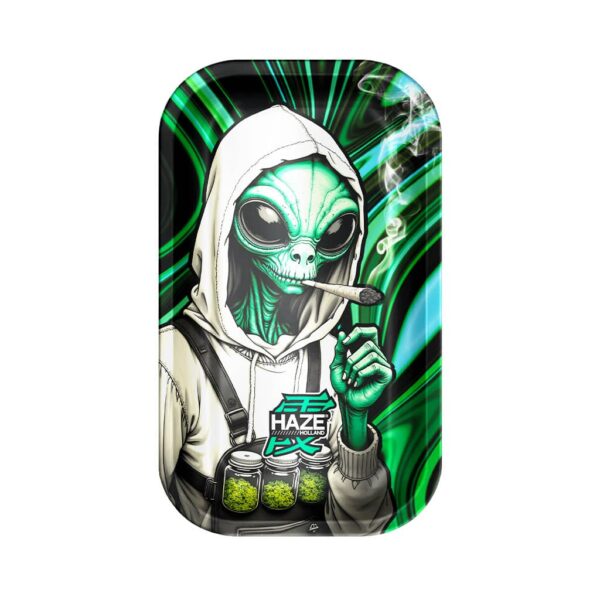 Large rolling tray featuring a green alien in a hoodie smoking a joint against a neon green cosmic background.
