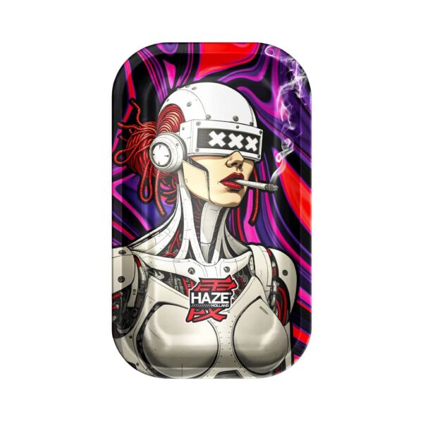 Large rolling tray featuring a female cyborg with braided cables and X-shaped visor smoking a joint on a purple and red cosmic background.