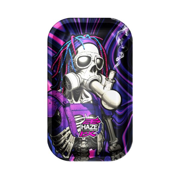 Large rolling tray featuring a skeleton in a gas mask with neon dreadlocks smoking from a bong on a purple cosmic background.