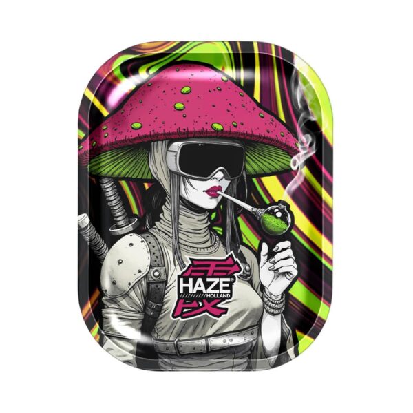 Small rolling tray featuring a ninja girl with a pink mushroom hat, visor, and pipe against a neon green and pink cosmic background.