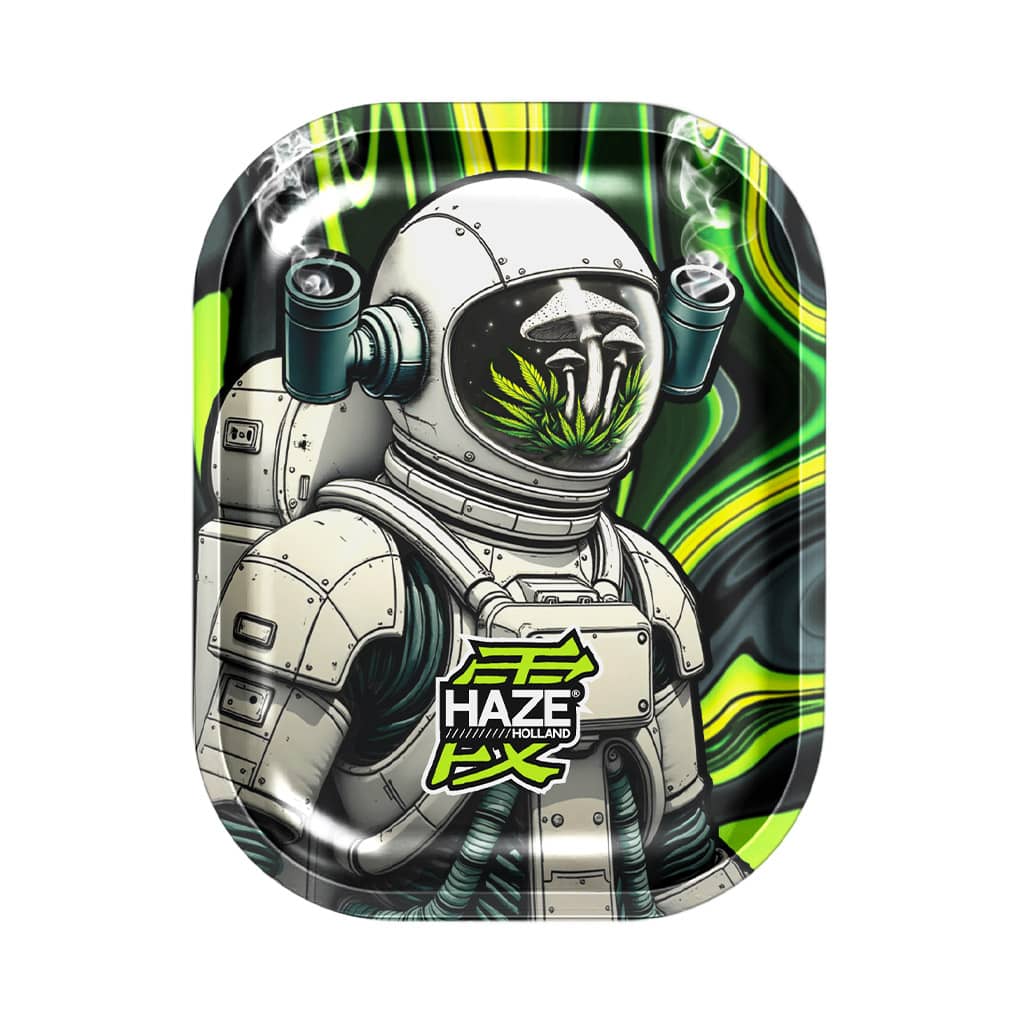 Small rolling tray featuring an astronaut with a helmet filled with cannabis leaves against a neon green cosmic background.