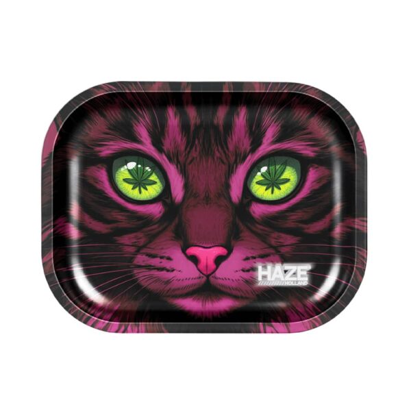 Small rolling tray featuring a neon pink cat face with bright green cannabis-leaf eyes.
