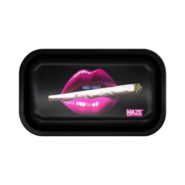 Large rolling tray with glossy pink lips holding a joint on a black background.